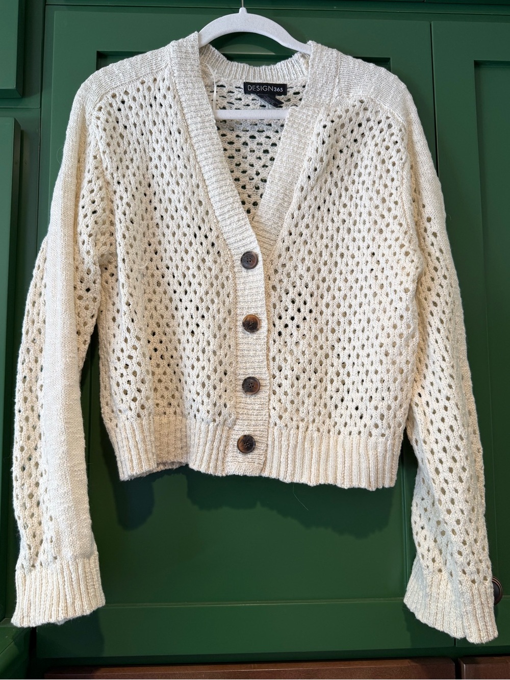 Cream Open-Knit V-Neck Button Cardigan Sweater